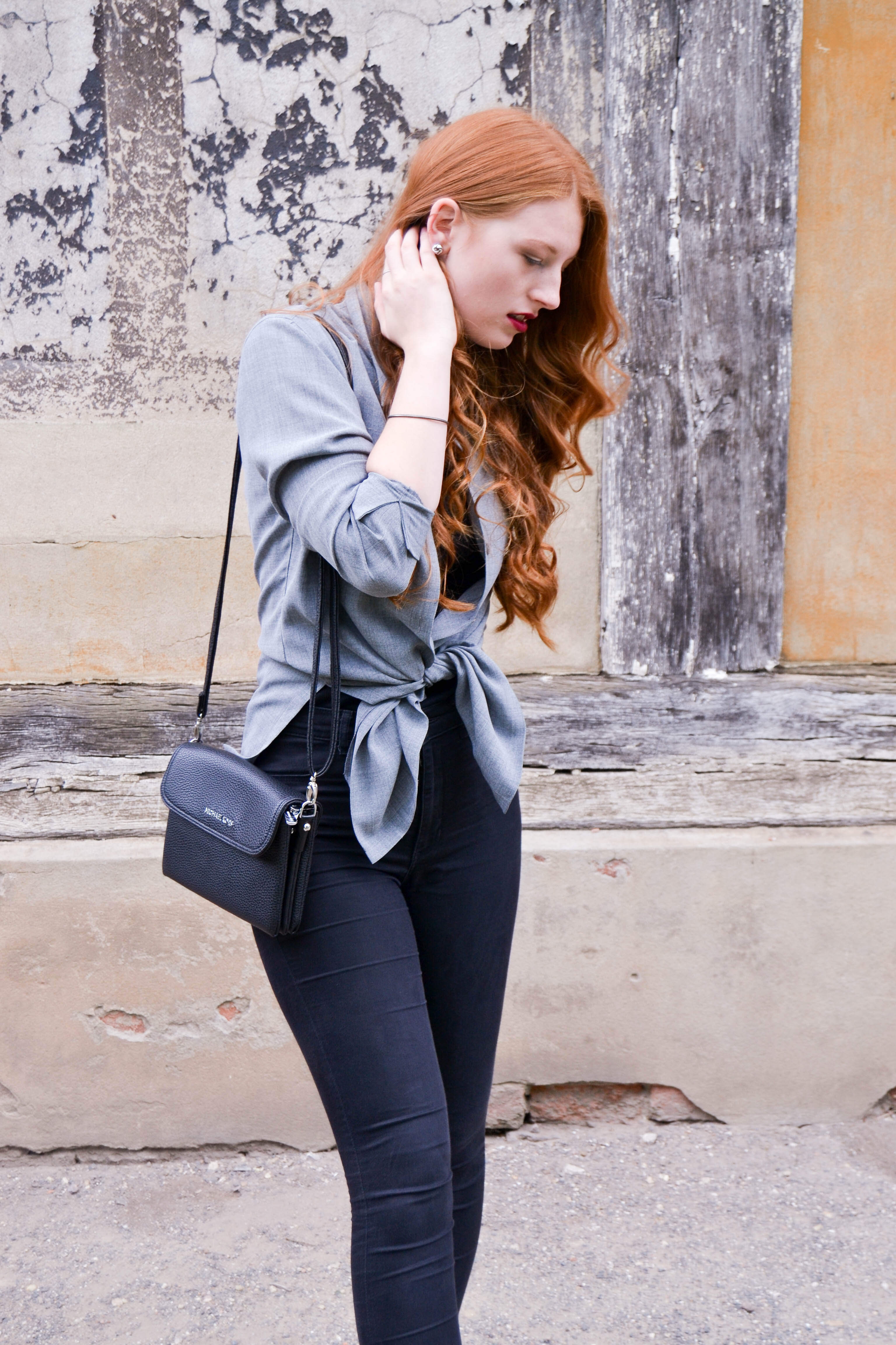 grey blouse with all black outfit - neutral
